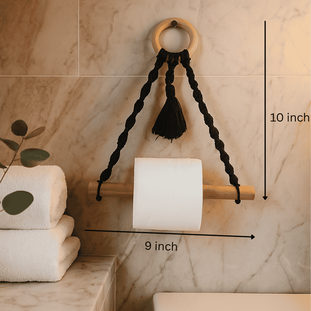 Cotton Macrame &amp; Wood Hanging Toilet Roll Holder