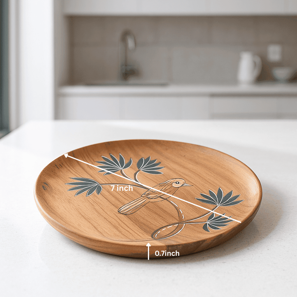 Enamelled Acacia Wood &#39;Bird on a Branch&#39; Plate (Small)