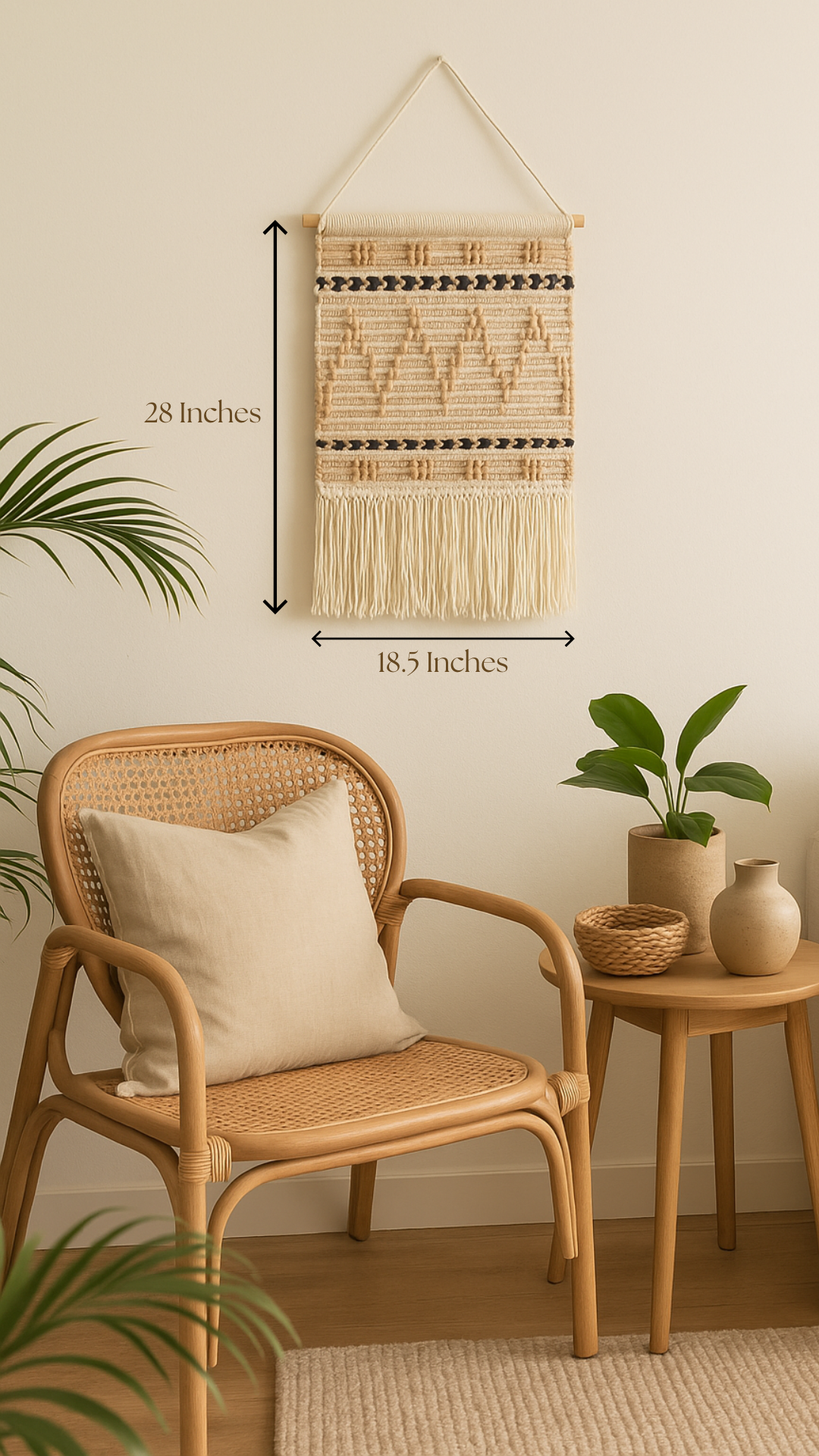 Beige sandy chevron wall hanging with fringe – handwoven wool and cotton boho wall decor for bedroom or living room