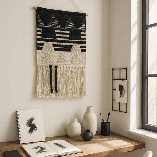 Small Monochrome Cotton Wall Hanging | Handwoven Boho Tassel Decor