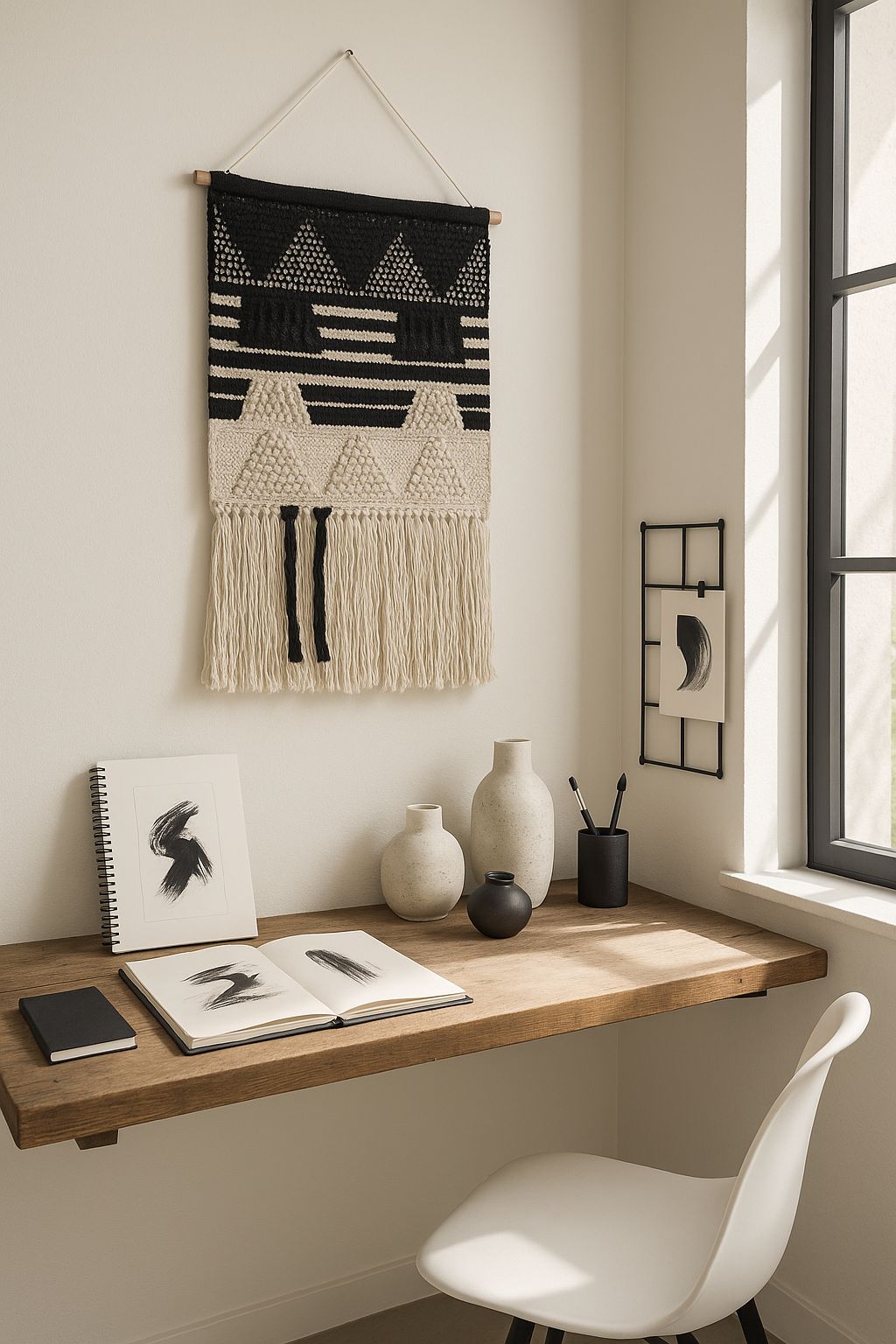 Black and white cotton wall hanging with handwoven detail and fringe – modern boho wall decor for hallway, studio, or bedroom

