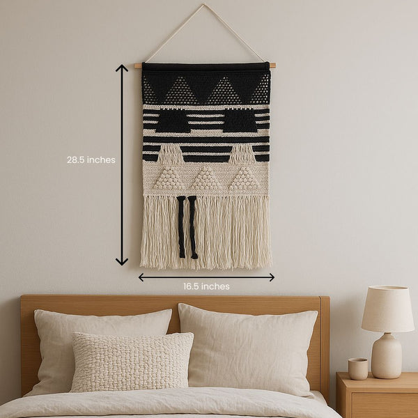 Small Monochrome Cotton Wall Hanging | Handwoven Boho Tassel Decor