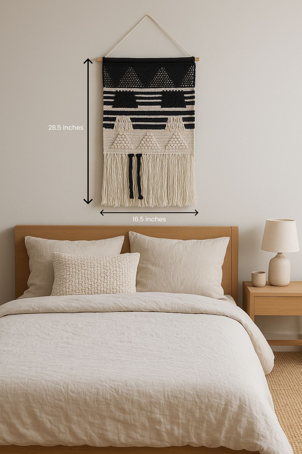Black and white cotton wall hanging with handwoven detail and fringe – modern boho wall decor for hallway, studio, or bedroom

