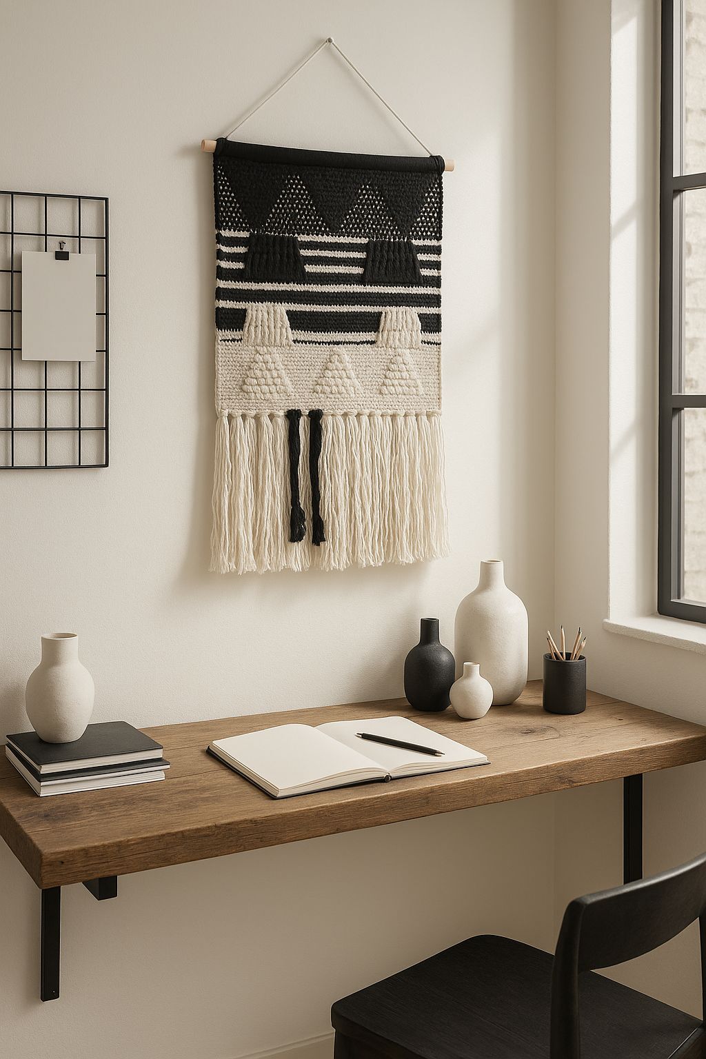 Black and white cotton wall hanging with handwoven detail and fringe – modern boho wall decor for hallway, studio, or bedroom

