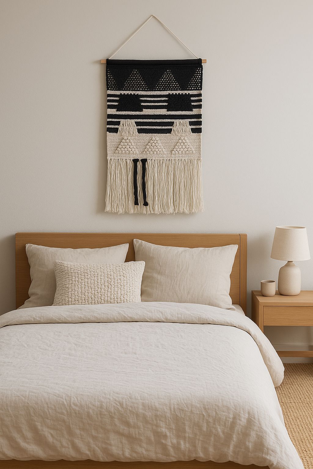 Black and white cotton wall hanging with handwoven detail and fringe – modern boho wall decor for hallway, studio, or bedroom

