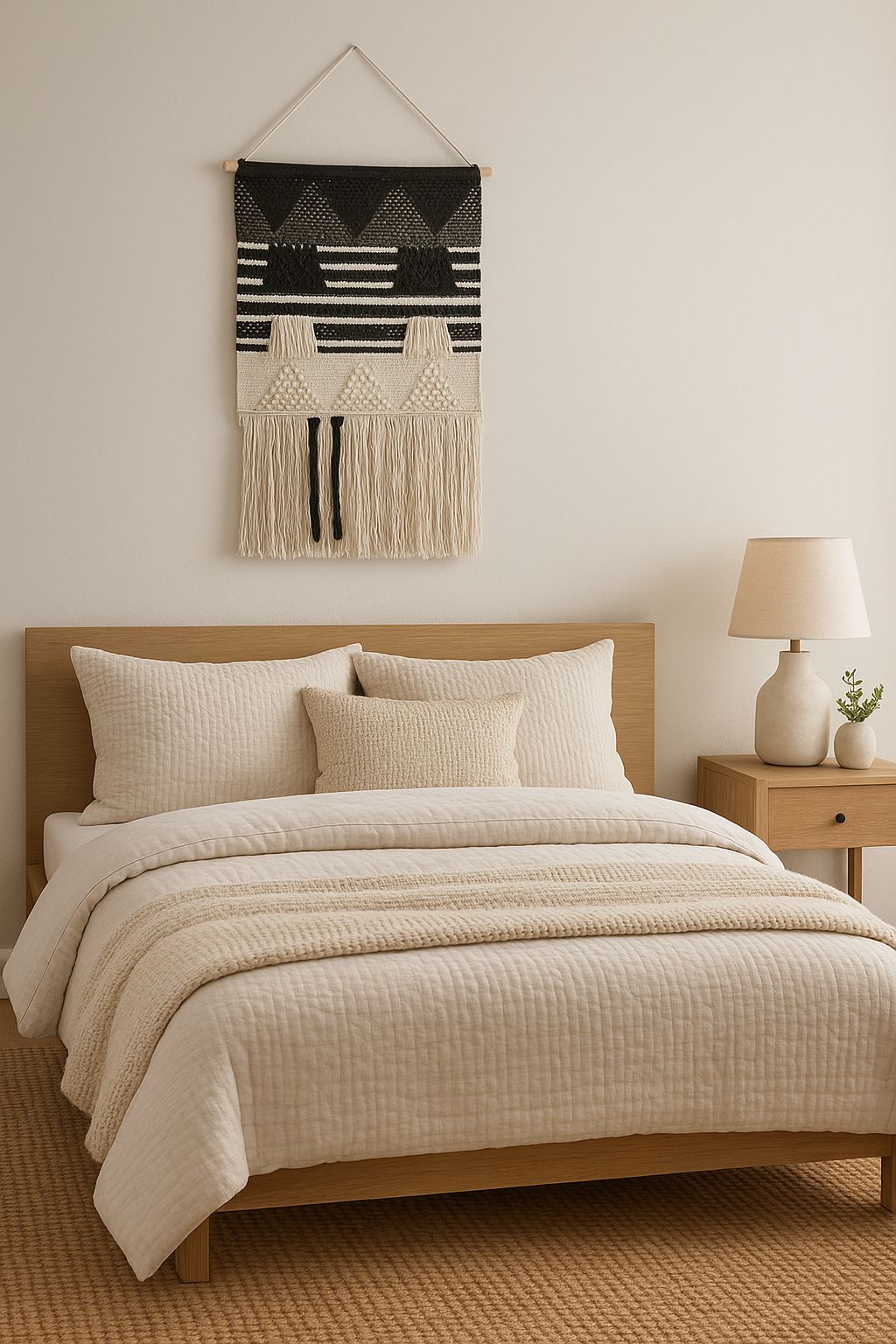 Black and white cotton wall hanging with handwoven detail and fringe – modern boho wall decor for hallway, studio, or bedroom

