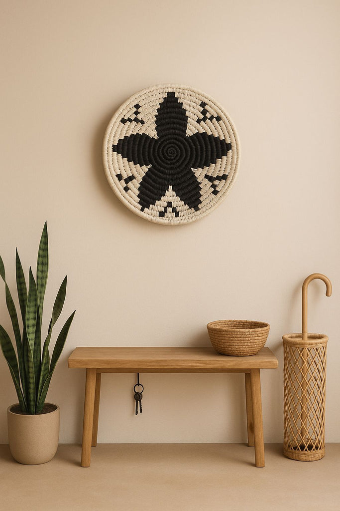 Black and white handwoven floral wall plate – tribal boho wall decor for living room, hallway, or gallery wall

