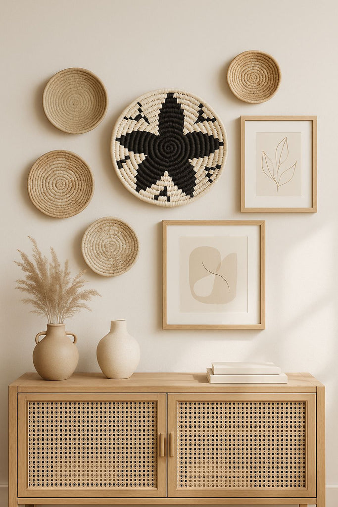 Black and white handwoven floral wall plate – tribal boho wall decor for living room, hallway, or gallery wall

