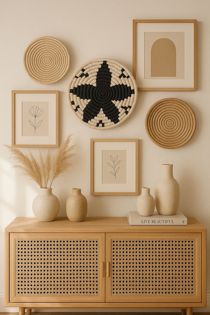 Black and white handwoven floral wall plate – tribal boho wall decor for living room, hallway, or gallery wall


