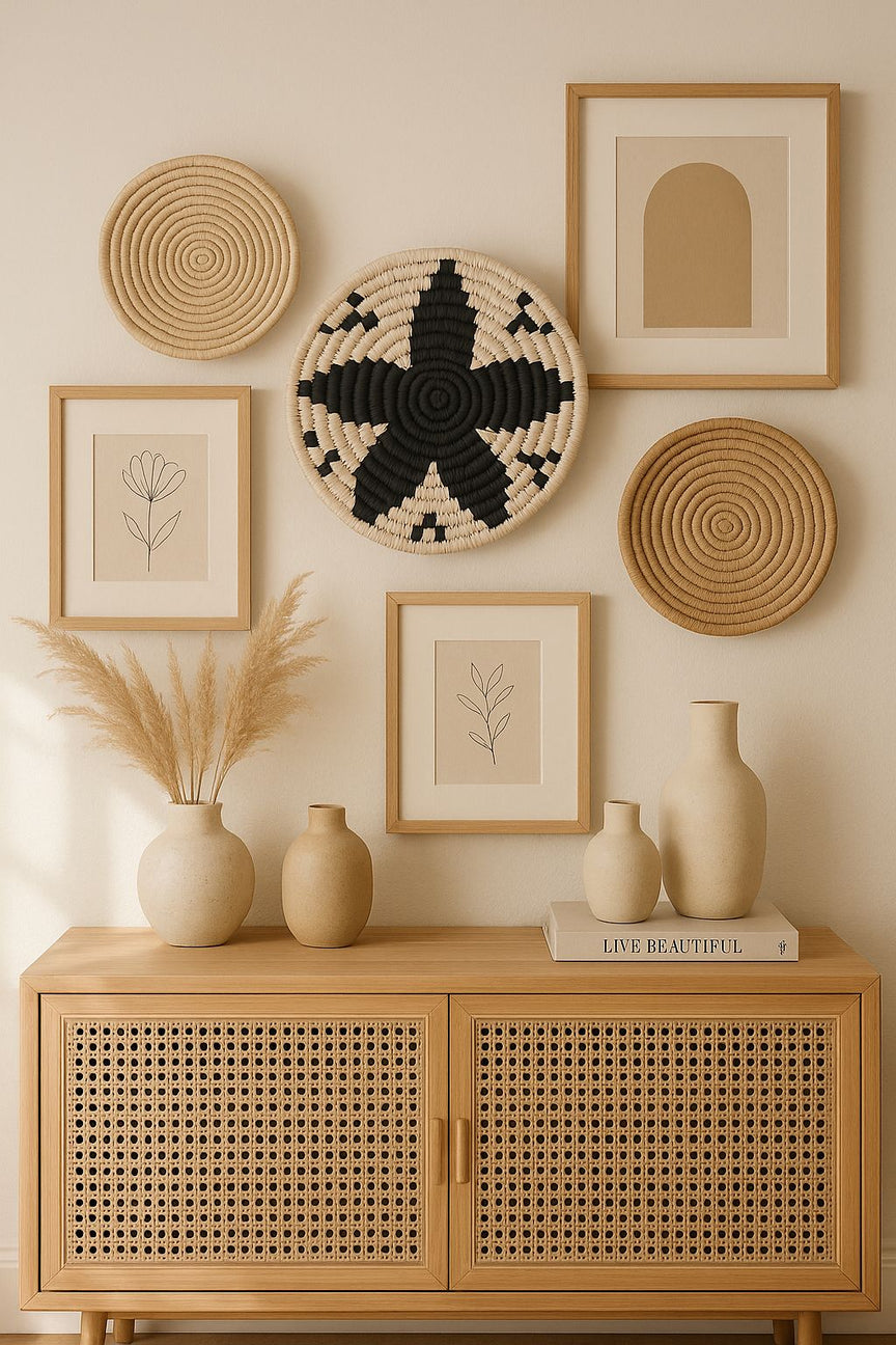 Black and white handwoven floral wall plate – tribal boho wall decor for living room, hallway, or gallery wall

