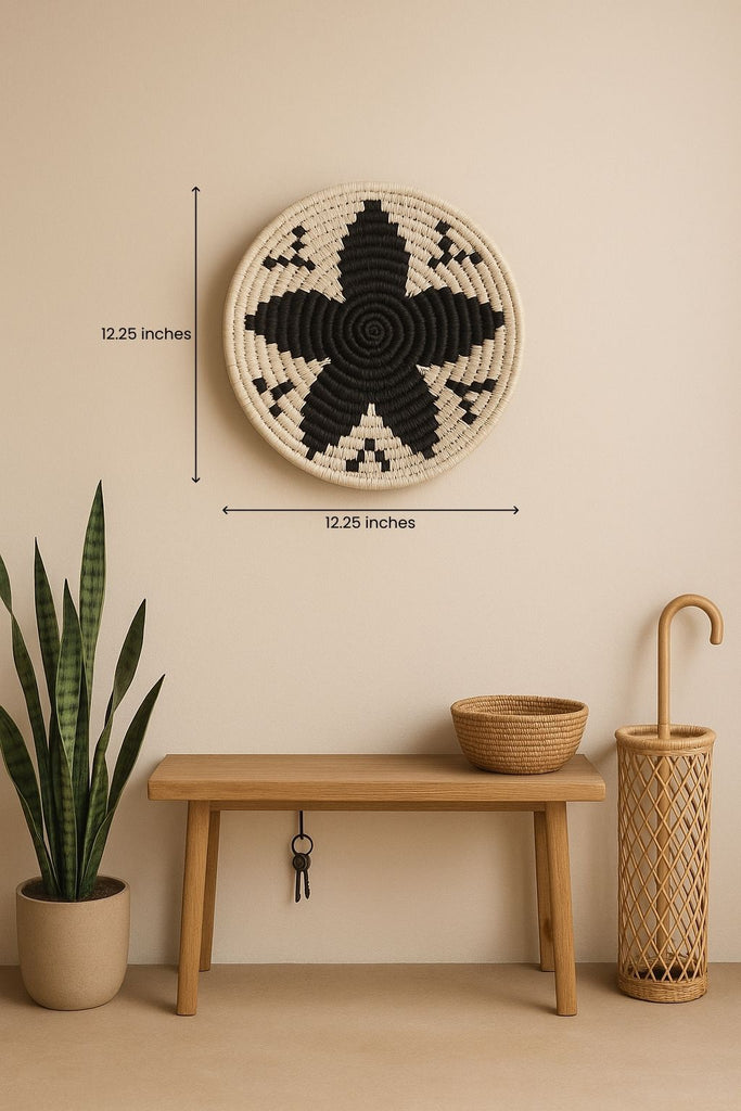 Black and white handwoven floral wall plate – tribal boho wall decor for living room, hallway, or gallery wall

