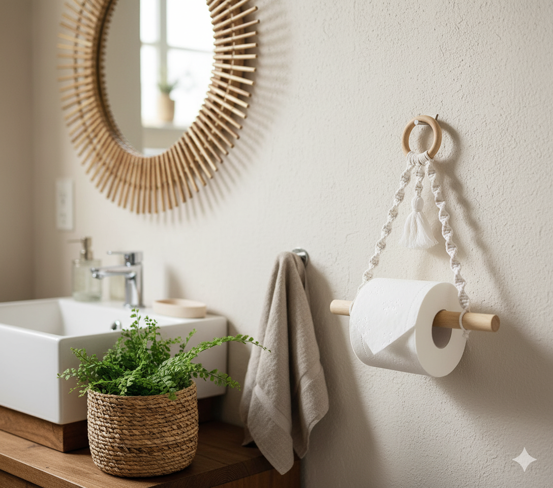 Cotton Macrame & Wood Hanging Toilet Roll Holder – Handmade