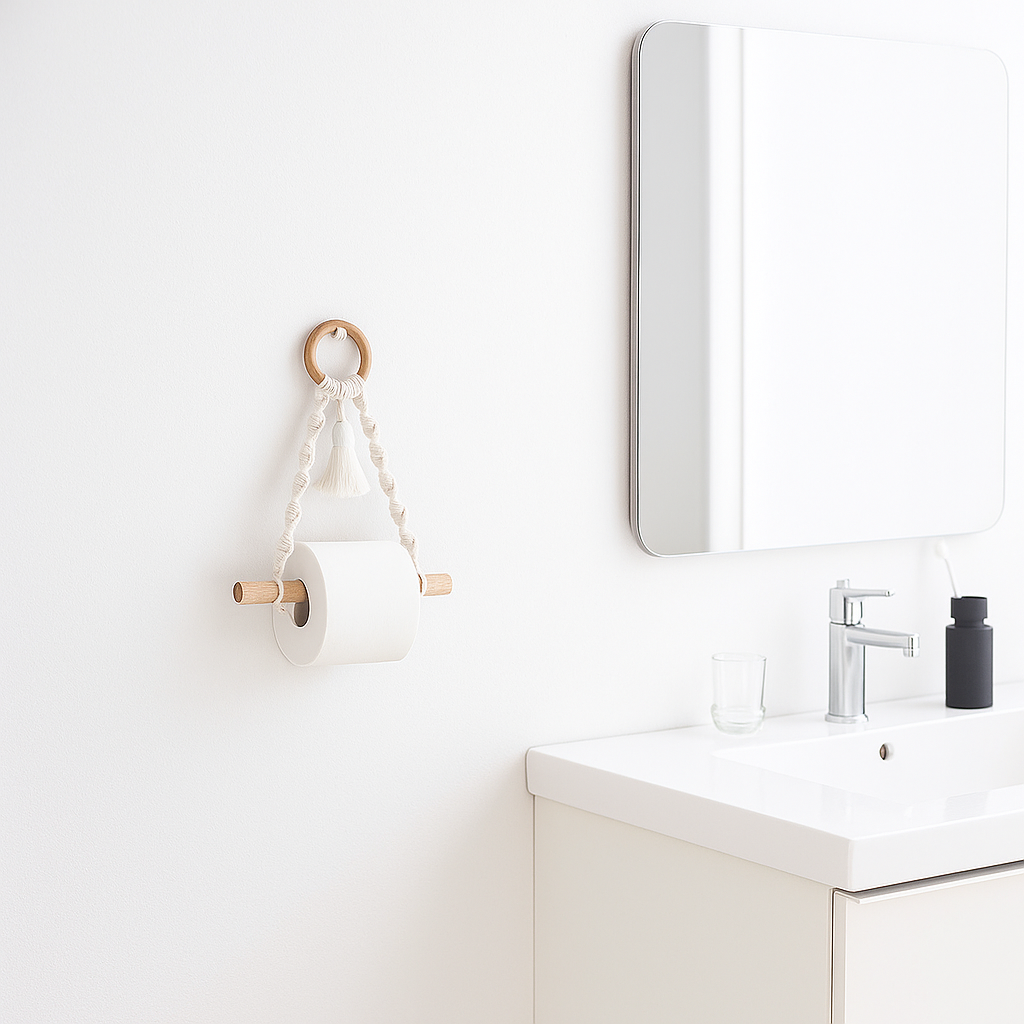 Cotton Macrame & Wood Hanging Toilet Roll Holder – Handmade 