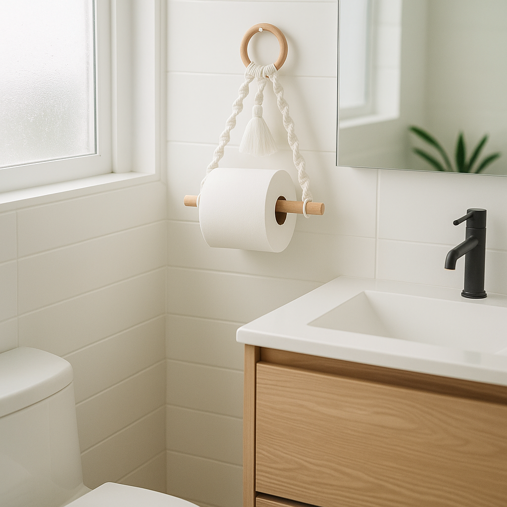 Cotton Macrame & Wood Hanging Toilet Roll Holder – Handmade 