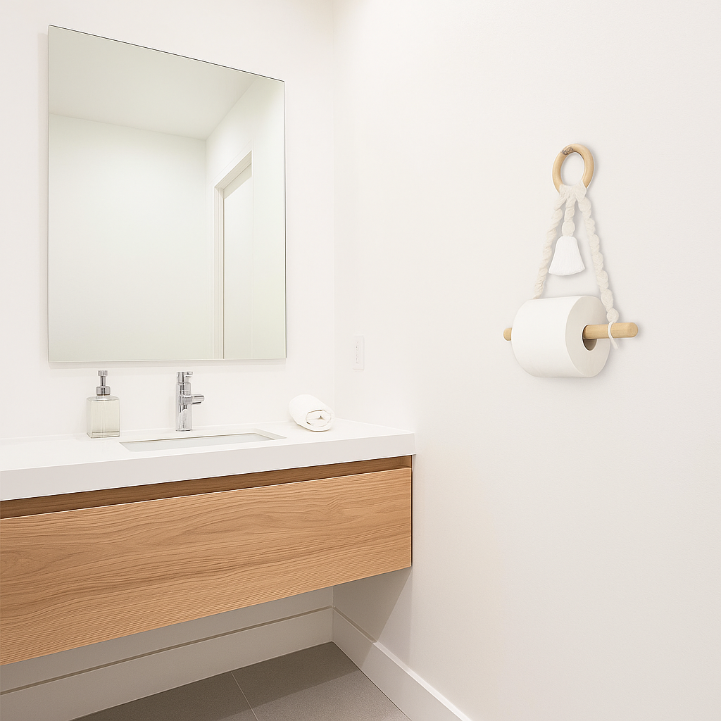 Cotton Macrame & Wood Hanging Toilet Roll Holder – Handmade 