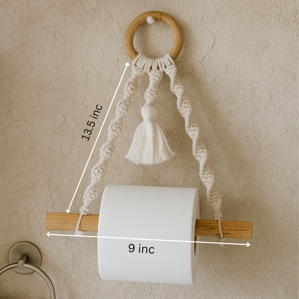 Cotton Macrame & Wood Hanging Toilet Roll Holder – Handmade