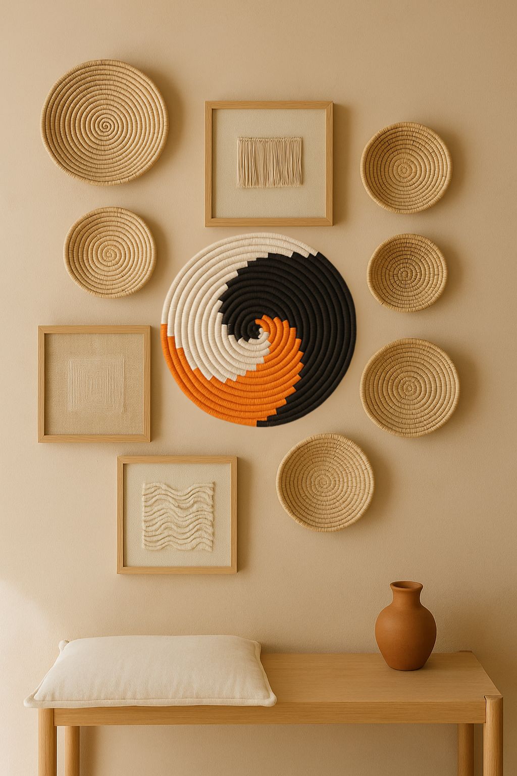 Earth-toned spiral pattern handwoven wall plate – boho round decor for gallery wall, hallway, or living room

