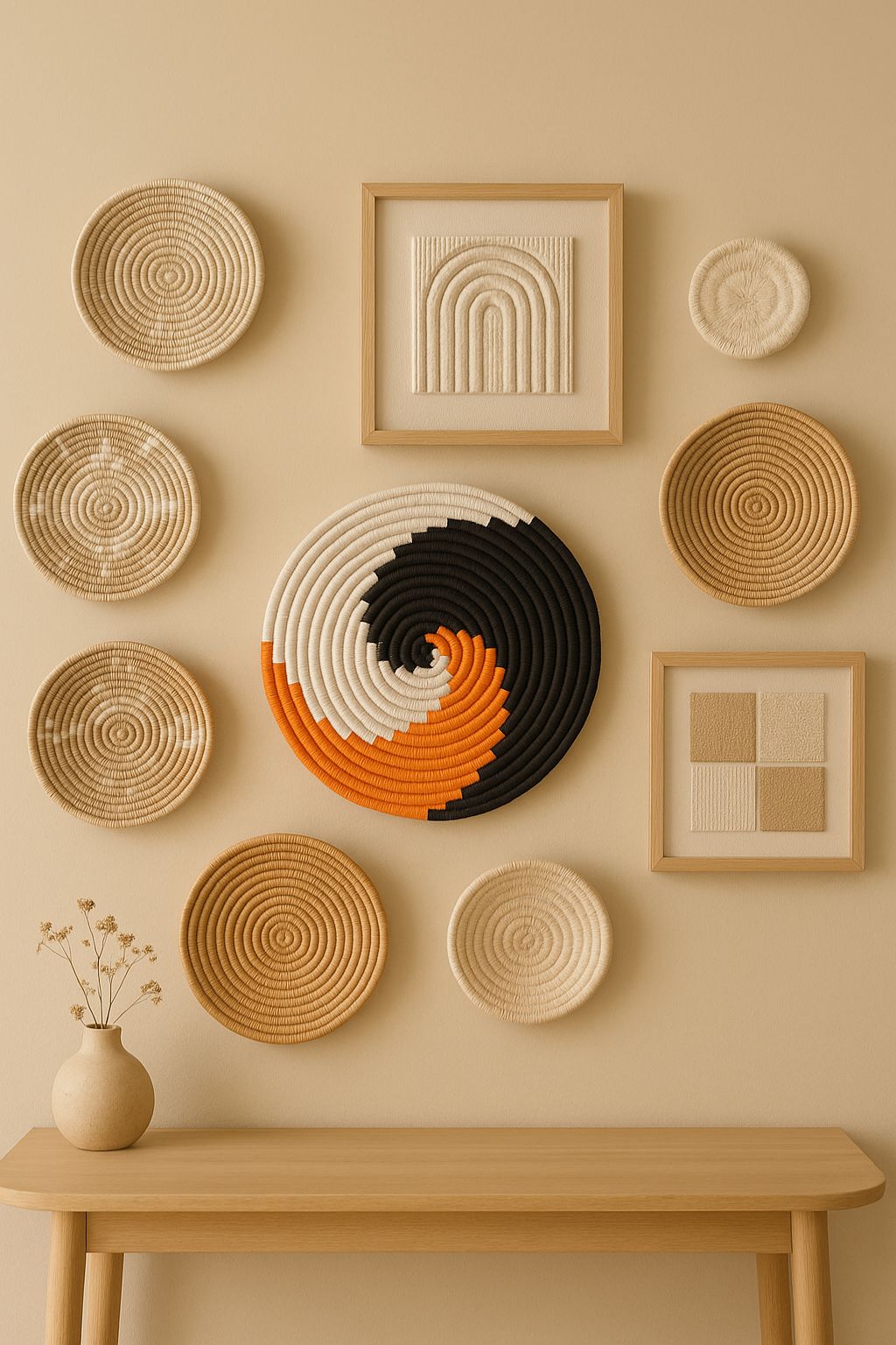 Earth-toned spiral pattern handwoven wall plate – boho round decor for gallery wall, hallway, or living room

