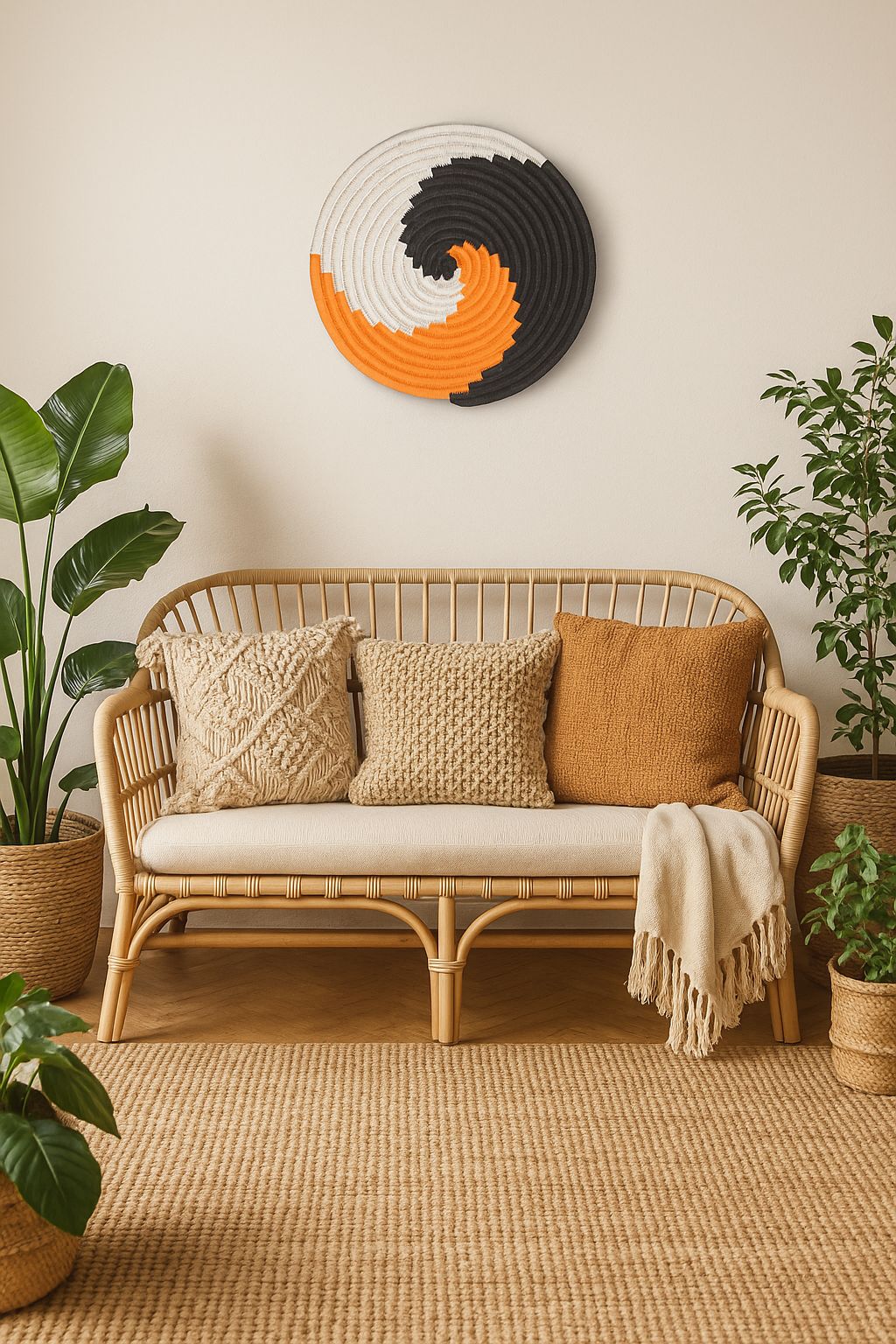 Earth-toned spiral pattern handwoven wall plate – boho round decor for gallery wall, hallway, or living room

