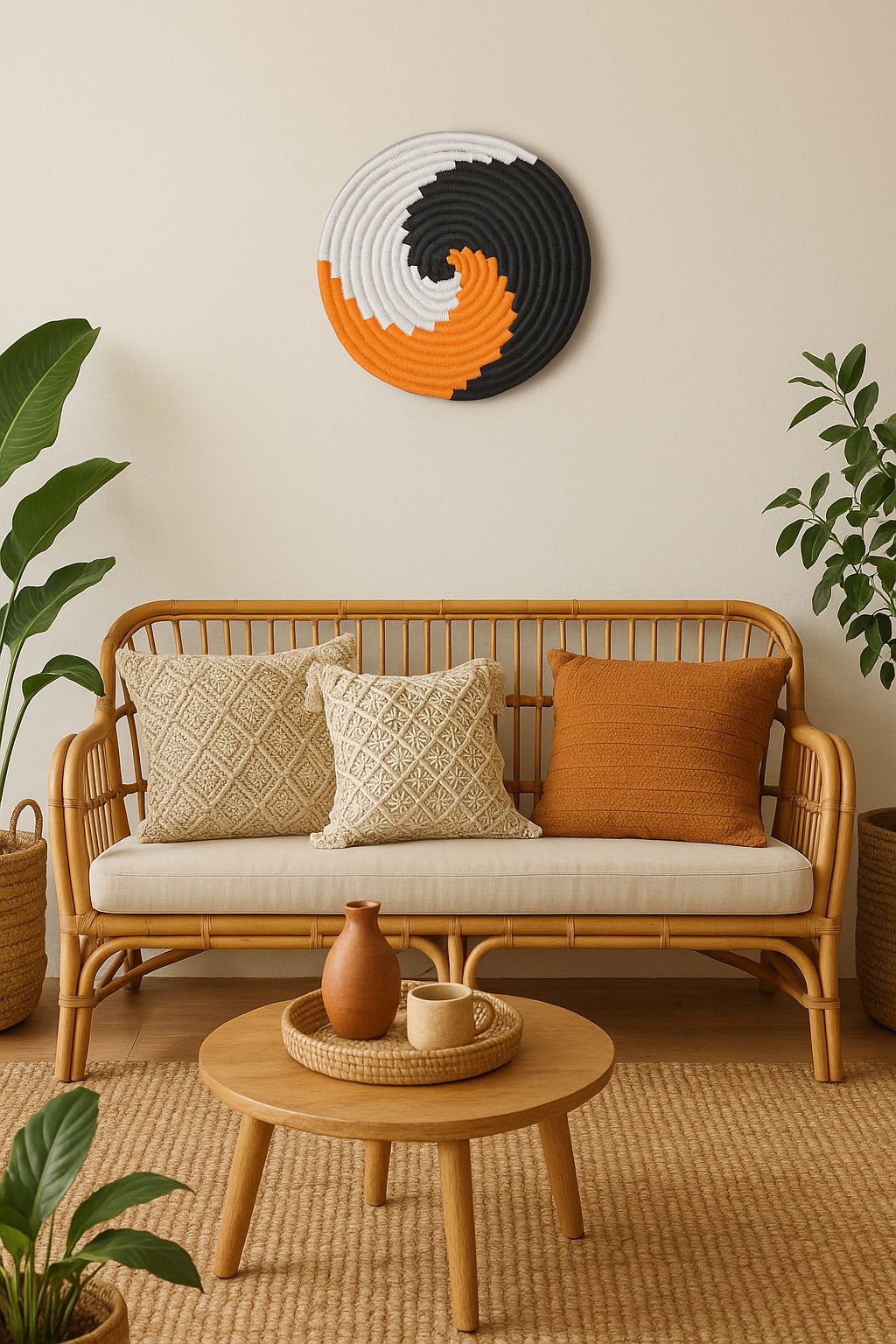 Earth-toned spiral pattern handwoven wall plate – boho round decor for gallery wall, hallway, or living room

