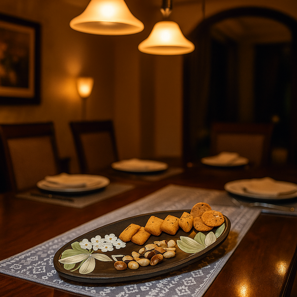 Dining table setting with a decorative plate of food in a warmly lit room.