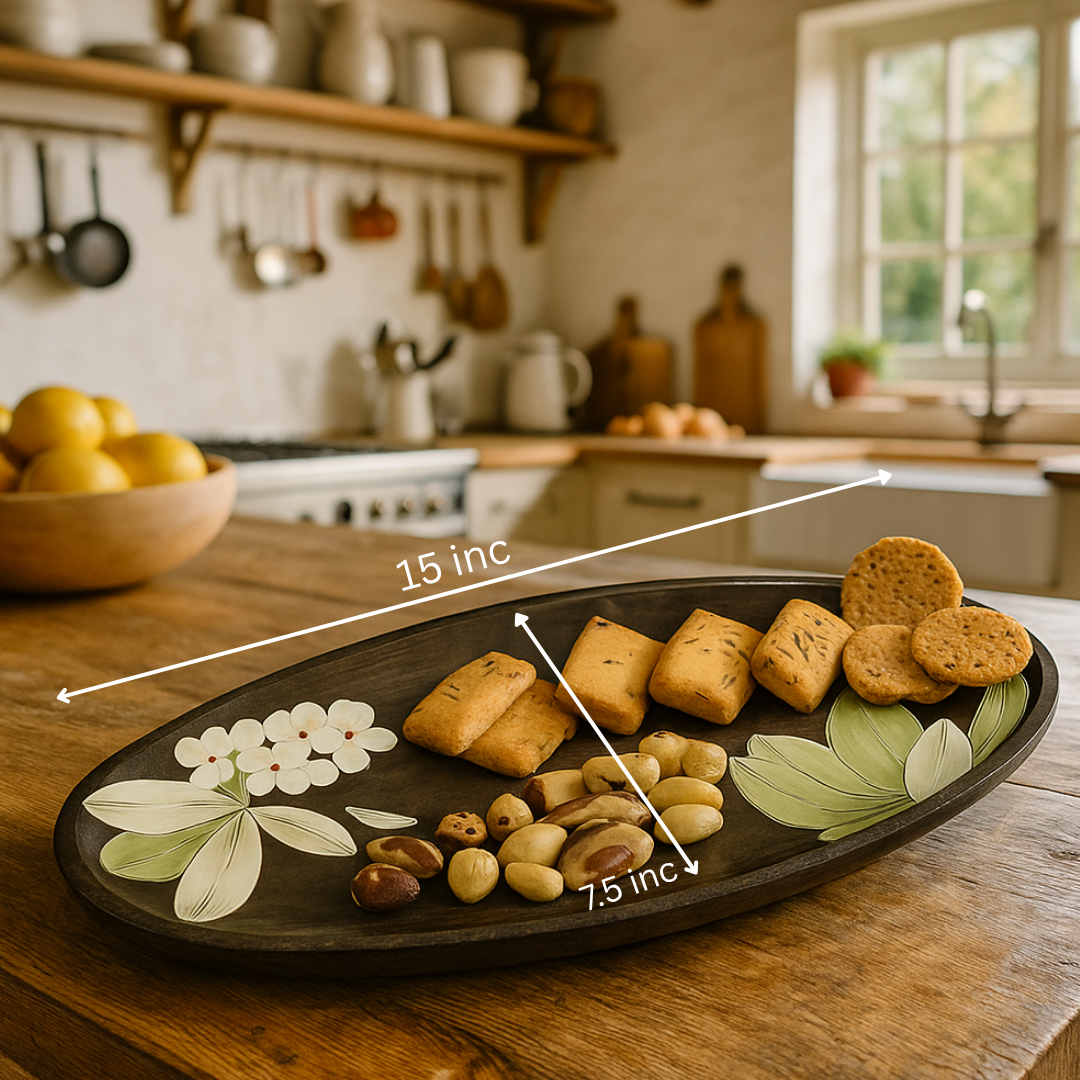 Enameled Floral Magnolia Wooden  Serving Platter Measurement Image