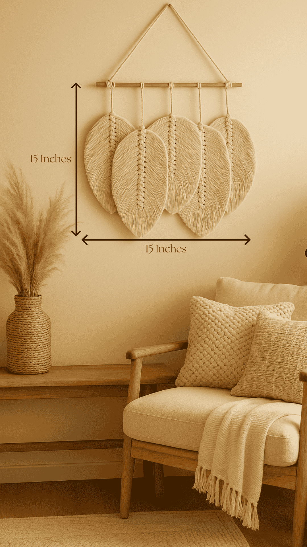 Feathered macrame wall hanging with leaf-shaped knots – handmade boho cotton decor for bedroom or living room

