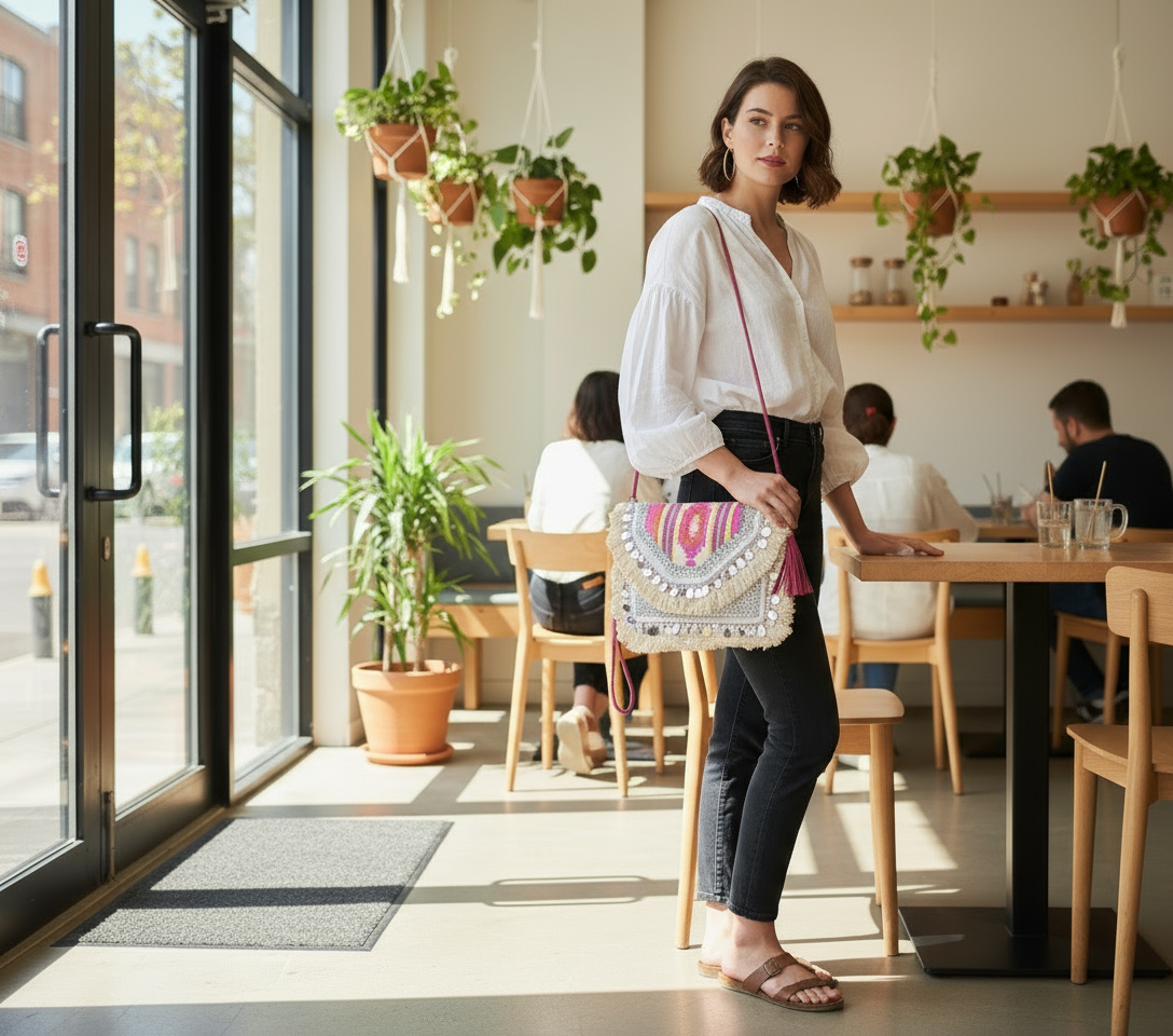 Woman standing in a modern cafe with plants and people in the background