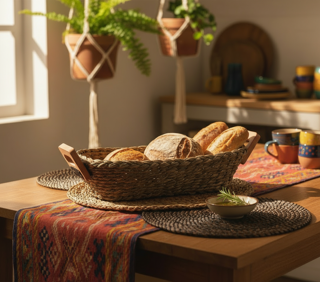 Wicker basket with bread on a wooden table with a colorful tablecloth and plants in the background.
