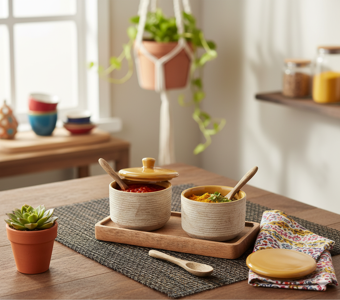 Set of Condiment Ceramic Bowls With Wooden Spoons