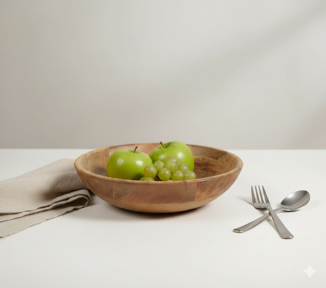 Wooden bowl with apples and grapes on a white surface with cutlery.