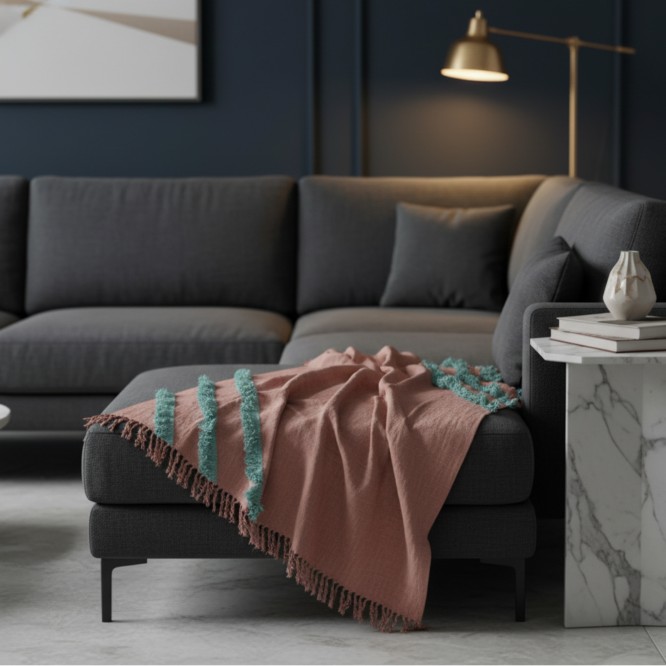 Handwoven Dusty Pink Throw with Teal Accents – Artisan Cotton Throw Blanket - Gleemium Online Shop