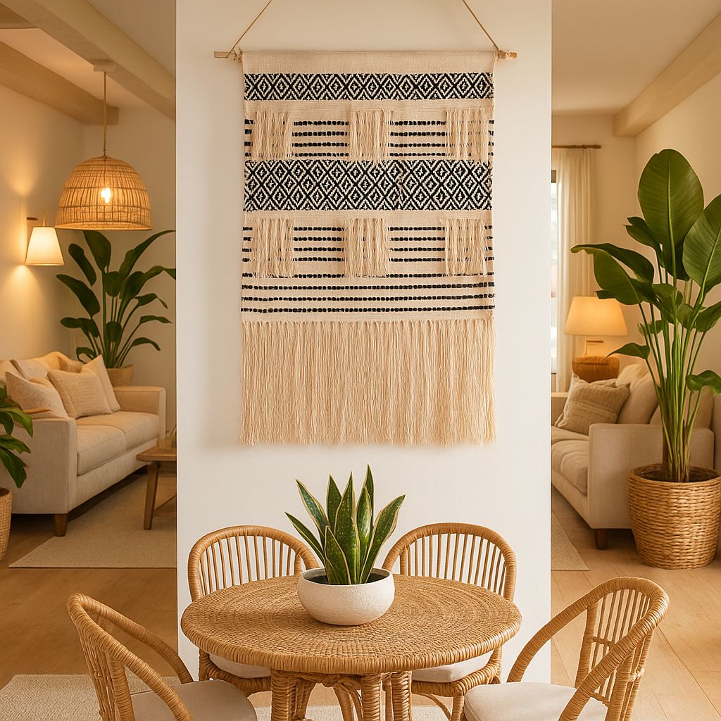 Cotton wall hanging with geometric patterns and fringe – neutral boho decor for bedroom, hallway, or living room accent wall

