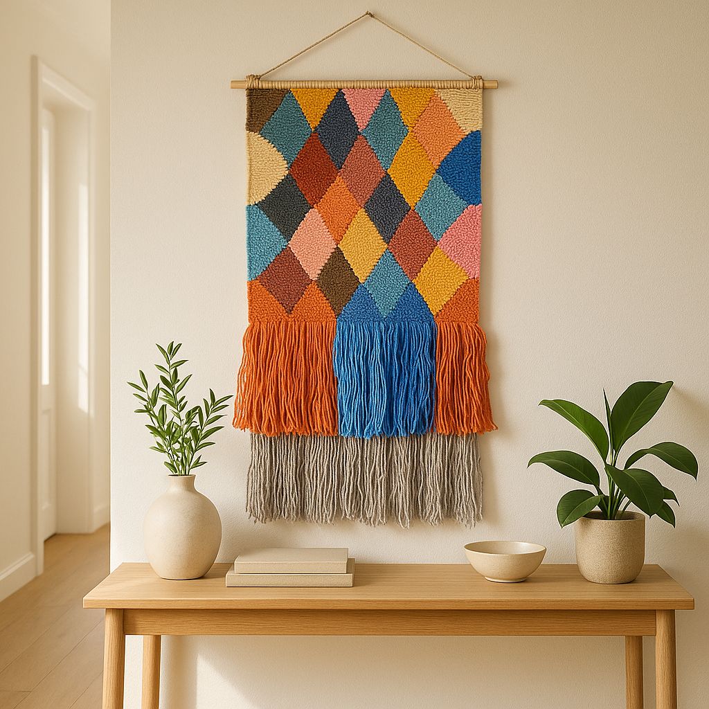 Geometric fringed cotton wall hanging with abstract diamond design – boho decor for hallway, living room, or bedroom