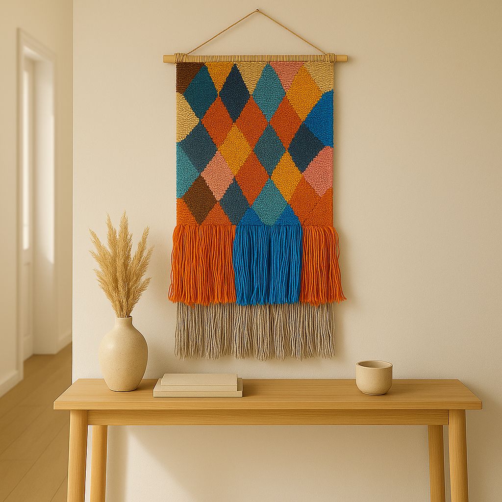Geometric fringed cotton wall hanging with abstract diamond design – boho decor for hallway, living room, or bedroom