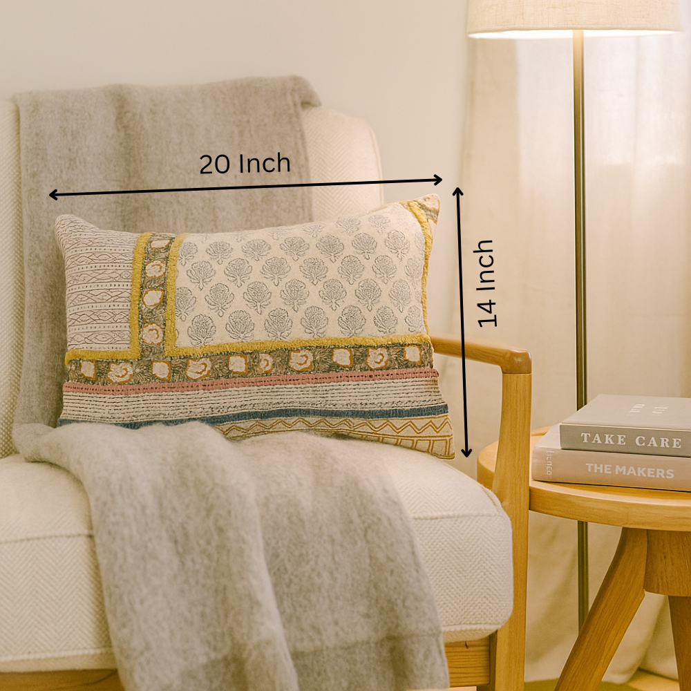 Block Printed Geometric-Floral Lumbar Cotton Cushion Cover -  Gleemium Home Decor Shop