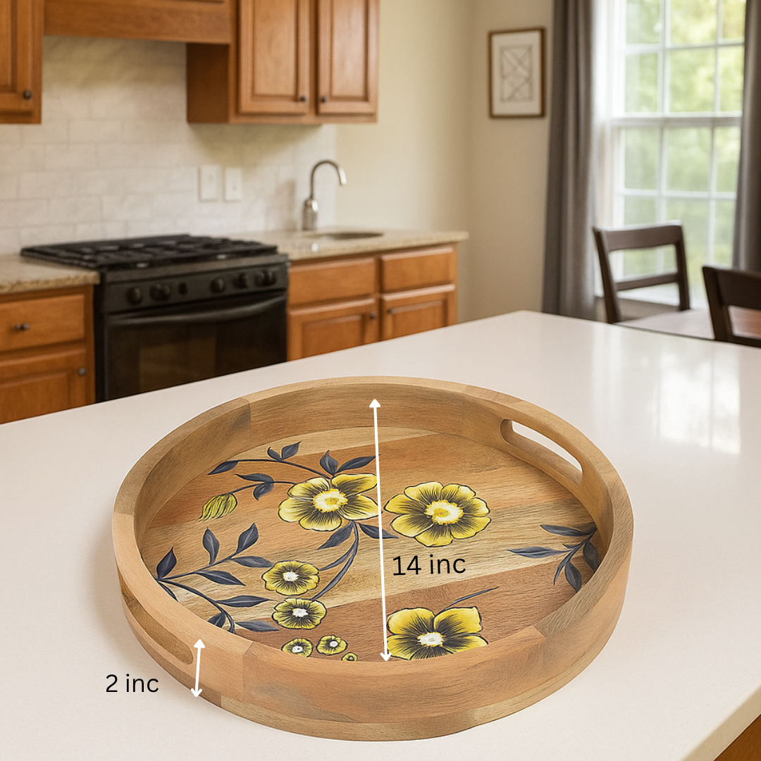 Hand Printed Floral Mango Wood Tray - Gleemium 