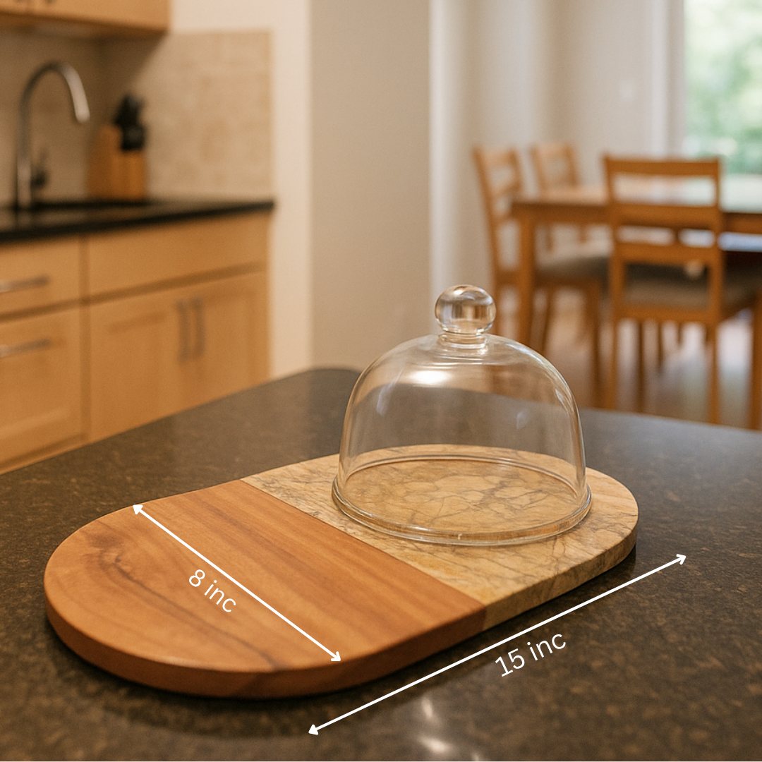 Marble & Wood Capsule-Shaped Cake Platter With Glass Dome