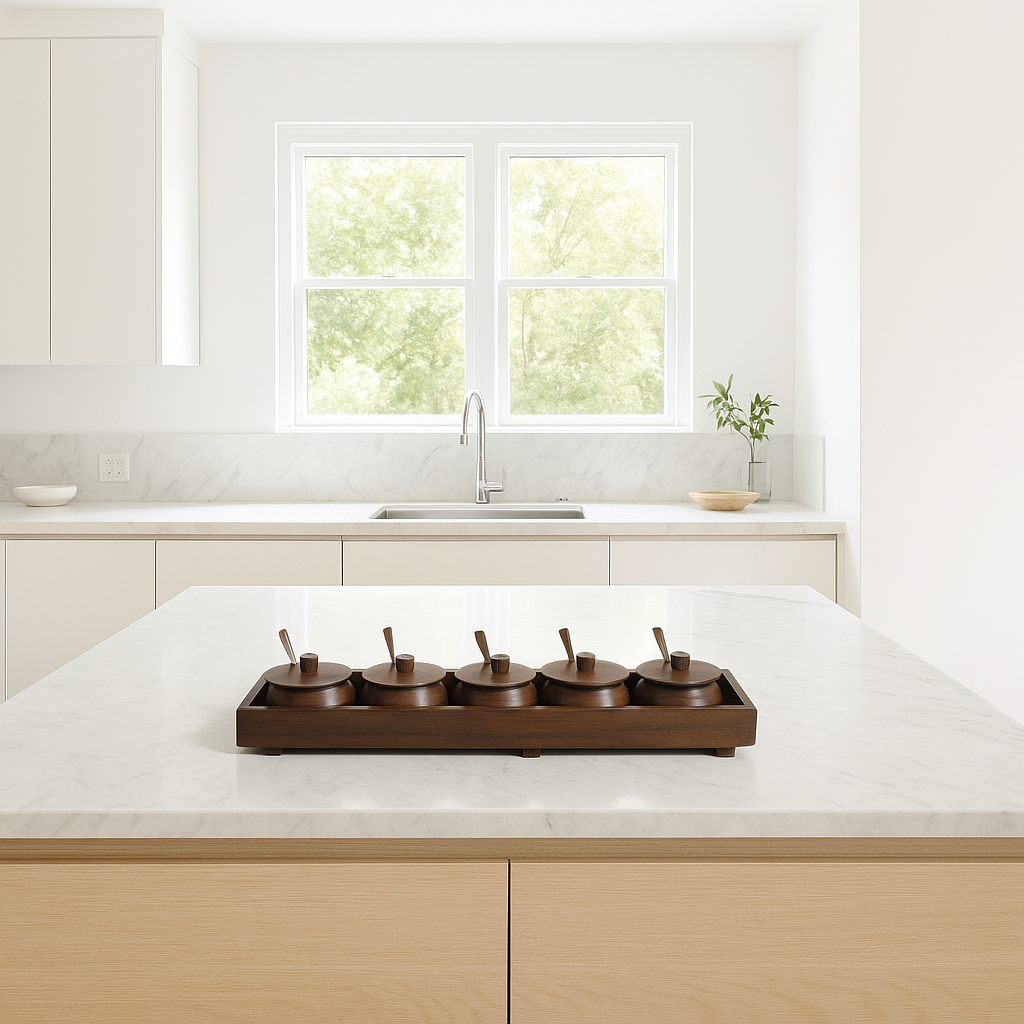 Gleemium Hand Turned Rosewood Condiment Set – 5 Pots with Spoons in white kitchen room 