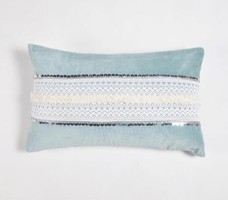 Lace & Sequin Embellished Powder Blue Lumbar Cushion Cover