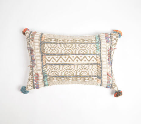 Block Printed &amp; Embroidered Cotton Lumbar Cushion Cover with Pom-Poms