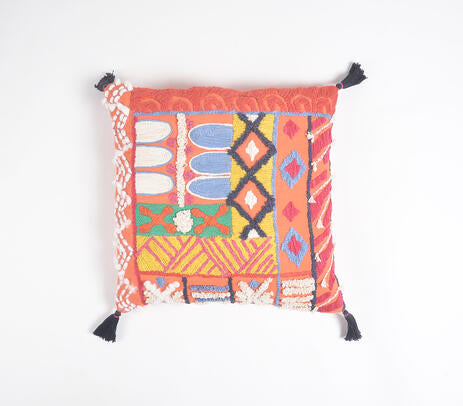 Abstract Embroidered &amp; Tasseled Tangerine Cushion Cover