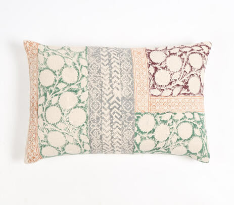 Block Printed Cotton Geometric Botanical Lumbar Cushion Cover