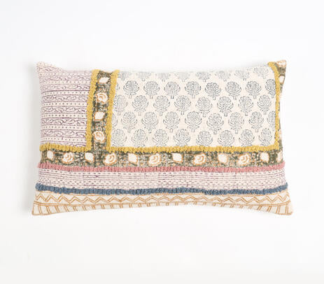Block Printed Geometric-Floral Lumbar Cotton Cushion Cover