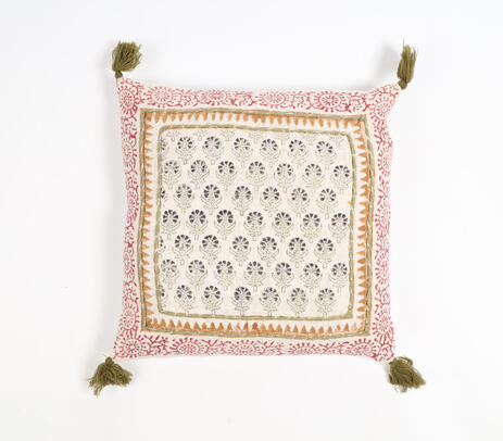 Block Printed Cotton Floral Tasseled Cushion Cover