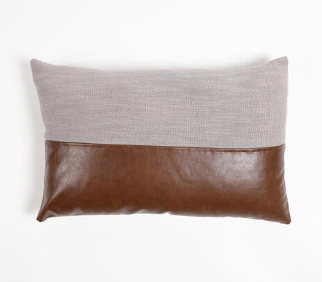 Hand Stitched Cotton & Leather Colorblock Lumbar Cushion Cover