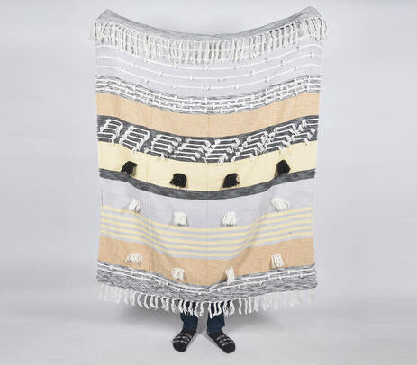 Statement Paneled Handloom Cotton &amp; Wool Throw with Tassels