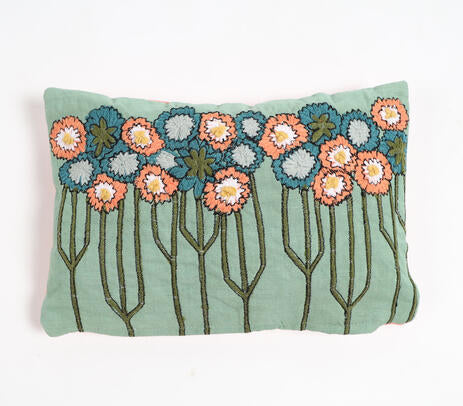 Floral Embroidered Lumbar Cotton Cushion Cover