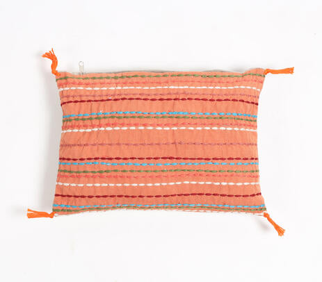 Striped &amp; Tasseled Slub Coral Lumbar Cover