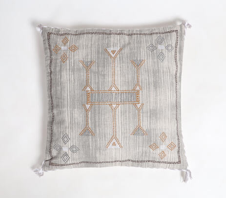 Embroidered & Tasseled Cotton Cushion Cover